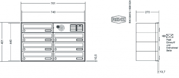 RENZ Briefkastenanlage Unterputz, Schattenfugenrahmen, Kastenformat 370x110x270mm, mit Klingel - & Lichttaster und Vorbereitung Gegensprechanlage, 7-teilig,